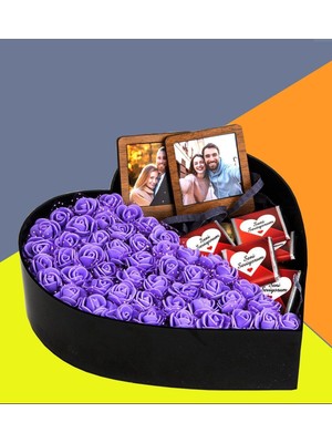 Giftstime Baş Harfli Fotoğraflı New Kalp Kutu Çiçek Çikolata Buketi 2'li Ahşap Çerçe Sevgiliye Özel