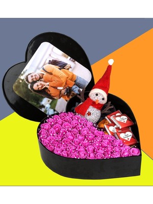 Giftstime Fotoğraflı New Kalp Kutu Çiçek Çikolata Buketi Işıklı Kardan Adam Sevgiliye Özel
