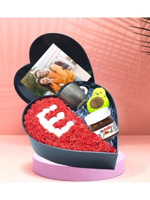 Giftstime Kalp Kutu Baş Harfli Fotoğraflı Kalp Kutu Çiçek Nutella Kah Fincanı Avokado Anahtarlık
