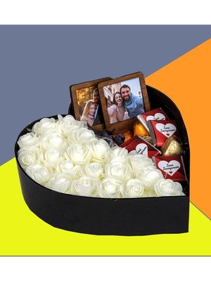 Giftstime Sevgililer Günü Fotoğraflı New Kalp Kutu Çiçek Çikolata Buketi 2'li Ahşap Çerçe Sevgiliye Özel