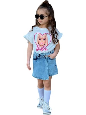 Urz Kids Yazlık Barbie Baskılı T-Shirt Kot Şort Etek Takım Kot  Etek Kız Çocuk Yeni Sezon Alt Üst Takım