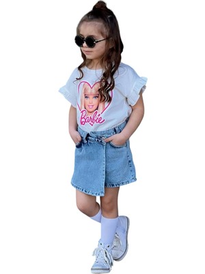 Urz Kids Yazlık Barbie Baskılı T-Shirt Kot Şort Etek Takım Kot  Etek Kız Çocuk Yeni Sezon Alt Üst Takım