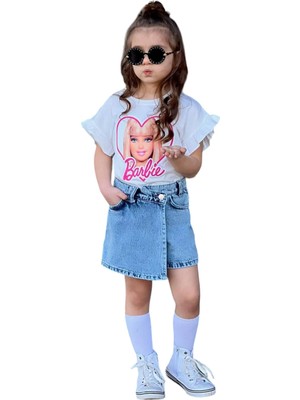 Urz Kids Yazlık Barbie Baskılı T-Shirt Kot Şort Etek Takım Kot  Etek Kız Çocuk Yeni Sezon Alt Üst Takım