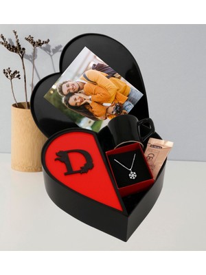 Giftstime Kişiye Özel Baş Harf Tasarımlı Kalp Kutu ve Peluş Ayıcık Anahtarlık Çerceve ve Kartanesi Kolye