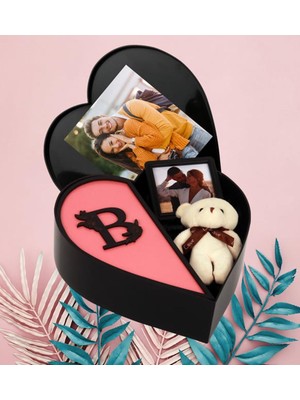 Giftstime Kişiye Özel Baş Harf Tasarımlı Kalp Kutu ve Peluş Ayıcık Anahtarlık ve Sök Tak Çerceve