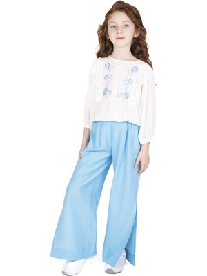 Best Kids Kız Çocuk Ekru-Mavi Nakışlı Bluz