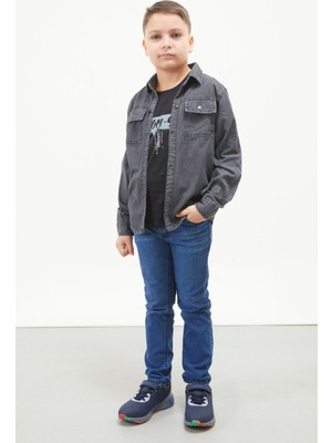 Wikiland Füme Logolu Tişörtlü Jean Gömlekli Erkek Çocuk 2li Takım 18246