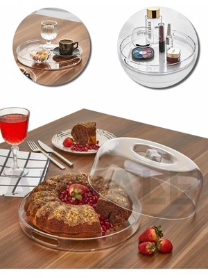 Tekno Trust Yuvarlak Şık Kristal Kek Fanusu Tutma Saplı 27 cm Ikramlık Sunumluk Sunum Tabağı Bpa Free Turuncu M