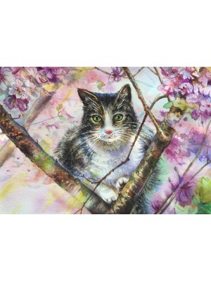 Movas Sanat Sakura Ağacında Bir Kedi | Elmas Mozaik Tablo | Mozaik Puzzle | 50x35 | E20201089M