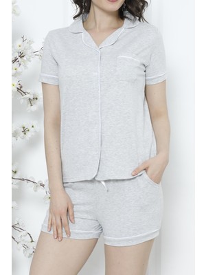 Nicoletta Kadın Şortlu Pijama Takımı Kısa Kollu Düğmeli Cepli Pamuk Taş