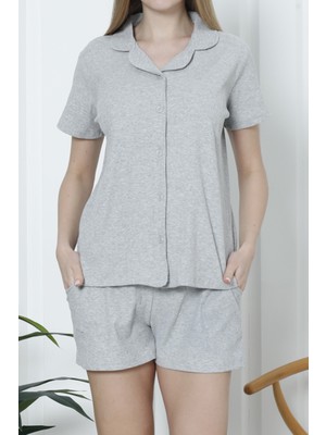 Nicoletta Kadın Şortlu Pijama Takımı Kısa Kollu Kaşkorse Salaş Cepli Gri