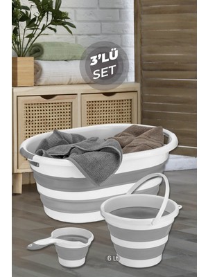 Tekno Trust Gri 3'lü Katlanır Temizlik Seti Milano - Katlanabilir Sele Çamaşır Sepeti - Su Kovası - Koçero