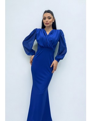 Giyimmasalı Krep Kumaş Kruvaze Yaka Balık Elbise - Saks Mavi
