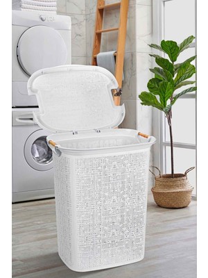 Tekno Trust 50-99 L Woow Desen Ahşap Kulplu Antistatik Kirli Çamaşır Sepeti 60 Lt - Beyaz Beyaz Plastik