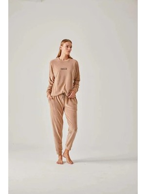 Pamuk & Pamuk Bej Baskılı Kadife Kadın Pijama Takımı - S Beden