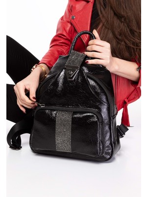 Tekno Trust Suni Deri Kadın Taş Detaylı Günlük Sırt Çantası ALD.1250 - Siyah Rugan Suni Deri Düz Siyah Casual/g