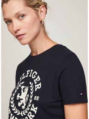 Tommy Hilfiger Bisiklet Yaka Baskılı Lacivert Kadın T-Shirt Reg Crest C-Nk Tee Ss