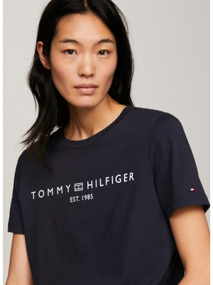 Tommy Hilfiger Bisiklet Yaka Baskılı Lacivert Kadın T-Shirt Reg Corp Logo C-Nk Ss