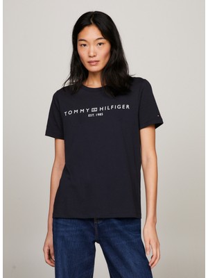 Tommy Hilfiger Bisiklet Yaka Baskılı Lacivert Kadın T-Shirt Reg Corp Logo C-Nk Ss