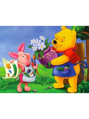 Movas Sanat Winnie The Pooh Piglet'e Çiçek Veriyor | Elmas Mozaik Puzzle  | 50x35 | E20202944M