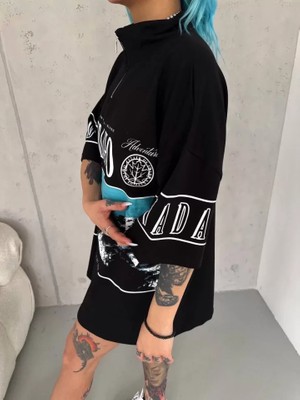 Tua Moda Unisex Baskılı Yarım Fermuarlı T-Shirt - Siyah