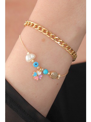 Fy Butik Gold Renk Renkli Zincir Model Renkli Kalp Figür Balık Detay Kadın Bileklik