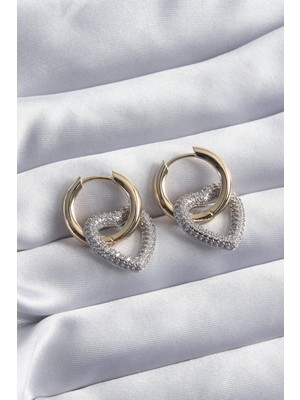 Fy Butik Pirinç Gold Renk Halka Gümüş Zirkon Taşlı Kalp Model Kadın Küpe
