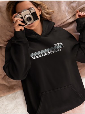 Swozz Unisex Sabrediyor Yazılı Özel Tasarım Pamuklu Oversize Siyah Sweatshirt