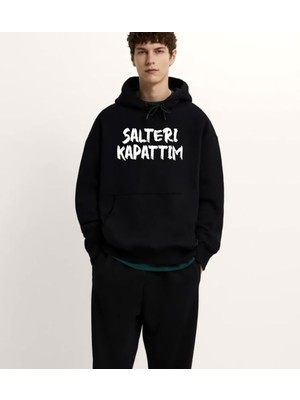 Swozz Unisex Şalteri Kapattım Yazılı Pamuklu Oversize Siyah Sweatshirt