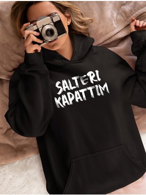 Swozz Unisex Şalteri Kapattım Yazılı Pamuklu Oversize Siyah Sweatshirt