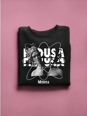 Swozz Medusa Baskılı Pamuklu Oversize Yoğun Şardonlu Kalın Siyah Sweatshirt Hoodie