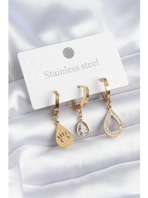 Fy Butik 316L Çelik Gold Renk Damla Model Göz Işleme Zirkon Taş Detay Kadın Küpe