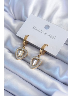 Fy Butik 316L Çelik Gold Renk Kalp Model Zirkon Taşlı Kadın Küpe