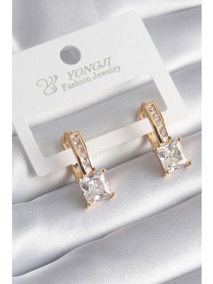 Fy Butik Pirinç Gold Renk Kare Model Zirkon Taşlı Kadın Küpe