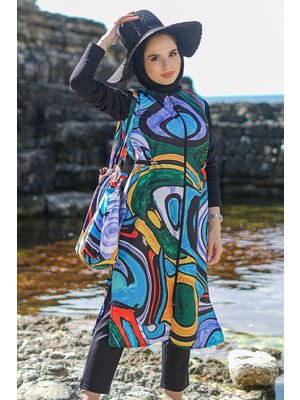 Minel Kadın Dijital Baskılı Mavi Yeşil Tam Kapalı Uzun Tesettür Mayo Mnl Mayo 006