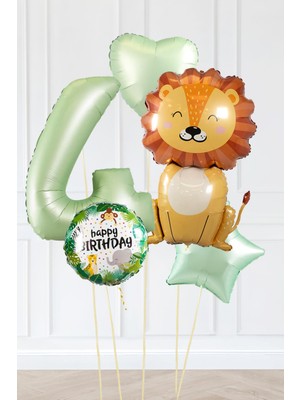 Pekshop Safari Tema Doğum Günü Yaş Balonlu Retro Yeşil Safari Balonları Sevimli Aslan Balonlu Set