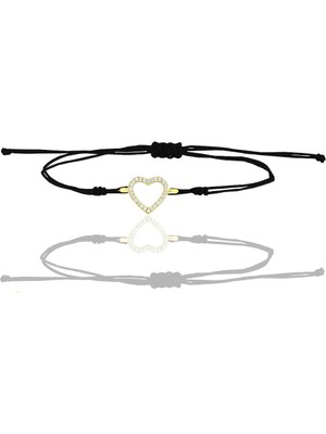 Söğütlü Silver Gümüş Altın Yaldızlı Zirkon Taşlı Siyah Ipli Kalp Bileklik SGTL12412GOLD