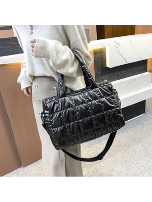 Qiuming Shop Siyah Omuz Çantası Stili Kış Tote 2021NEW Omuz Çantası Kadın Çanta Uzay Pedi Pamuk Tüy Aşağı Çanta Moda Bayan Büyük Kapasiteli Crossbody Çanta (Yurt Dışından)