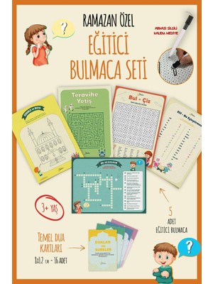 Msticker Ramazan Ayı Bulmaca Seti 16 Adet Dua Kartı, 5 Farklı Eğitici Bulmaca, Yaz Sil Tahta Kalemi Hediyeli