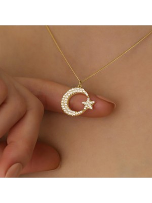 Nox Jewelry 14 Ayar Mikron Altın Kaplama Taşlı Ay Yıldız Kolye – Minimal Işıltılı Kadın Kolye - CNS00115