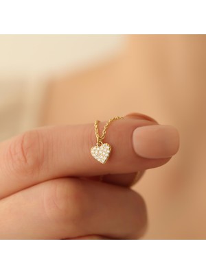Nox Jewelry 14 Ayar Mikron Kaplama Taşlı Minimal Kalp Kolye - CNS00145