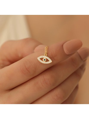 Nox Jewelry 14 Ayar Mikron Altın Kaplama Taşlı Göz Gümüş Kolye – Işıltılı Nazar Sembollü CNS00146