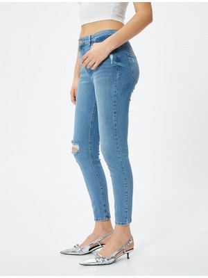 Koton Dar Kesim Yüksek Bel Kot Pantolon Yıpratmalı Esnek Cepli Pamuklu - Carmen Skinny Jeans