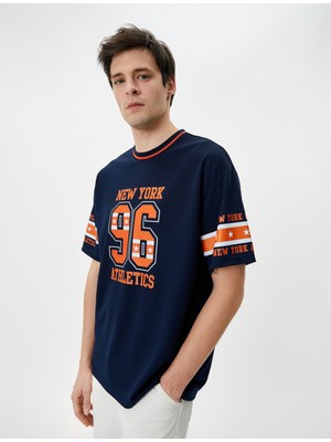 Koton Tişört Spor Baskılı Renk Bloklu Bisiklet Yaka