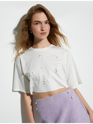 Koton Crop Tişört Kurdele Detaylı Bisiklet Yaka Kısa Kollu Viskon