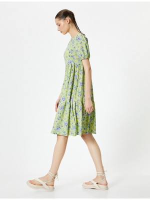 Koton Balon Kol Çiçekli Elbise Midi Boy Rahat Kalıp Bisiklet Yaka Dokulu