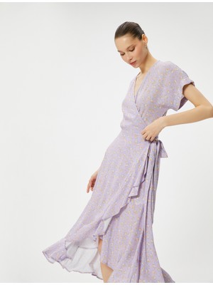 Koton Çiçekli Kruvaze Elbise Maksi Boy Fırfırlı Kısa Kollu V Yaka Viskoz Kumaş