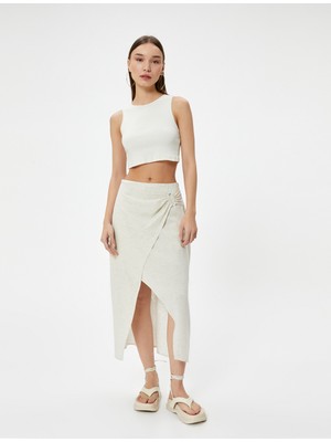 Koton Keten Maksi Etek Astarlı Kruvaze Asimetrik Drape Detaylı Metal Aksesuarlı