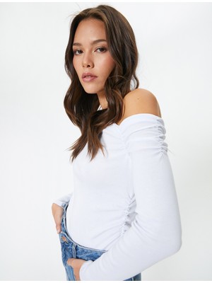 Koton Tek Omzu Açık Tişört Uzun Kollu Drapeli Pamuklu