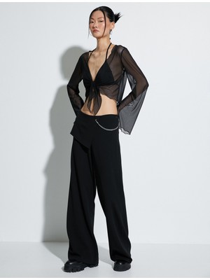 Koton Tül Crop Bluz Önden Bağlamalı Uzun Geniş Kollu